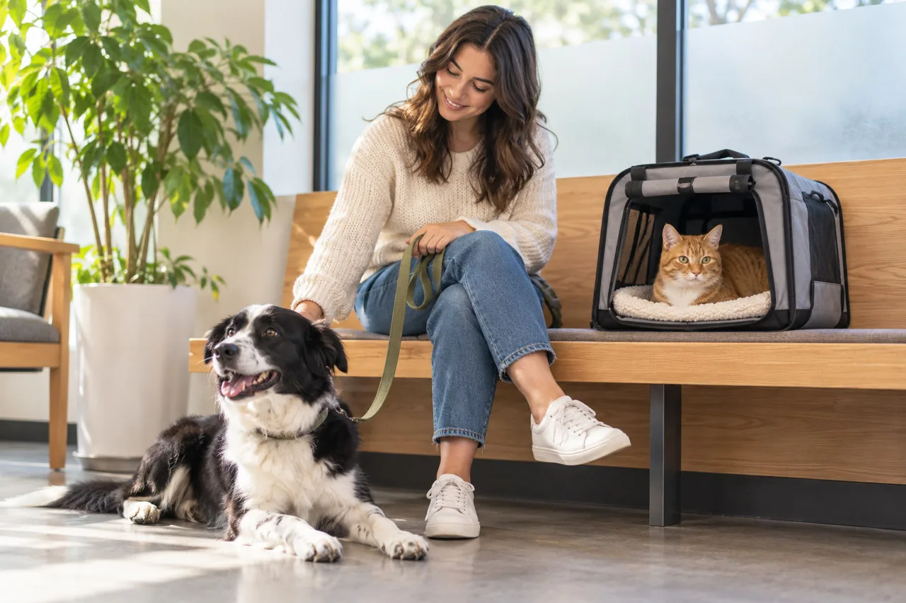 Owner waiting at a veterinary clinic with a black-and-white dog and an orange cat in a carrier