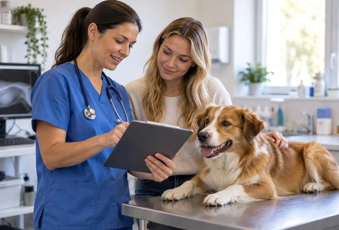 Veterinary professional discussing a tablet with an owner beside a dog